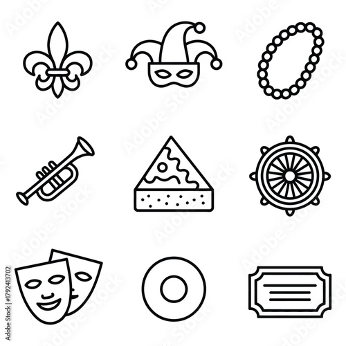 Mardi Gras icons set with mask, beads, trumpet, and cake carnival festival