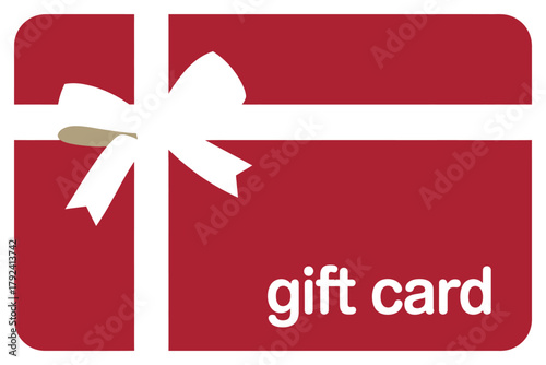 A red gift card with a white ribbon and bow is presented as a present or a shopping voucher for a special occasion.