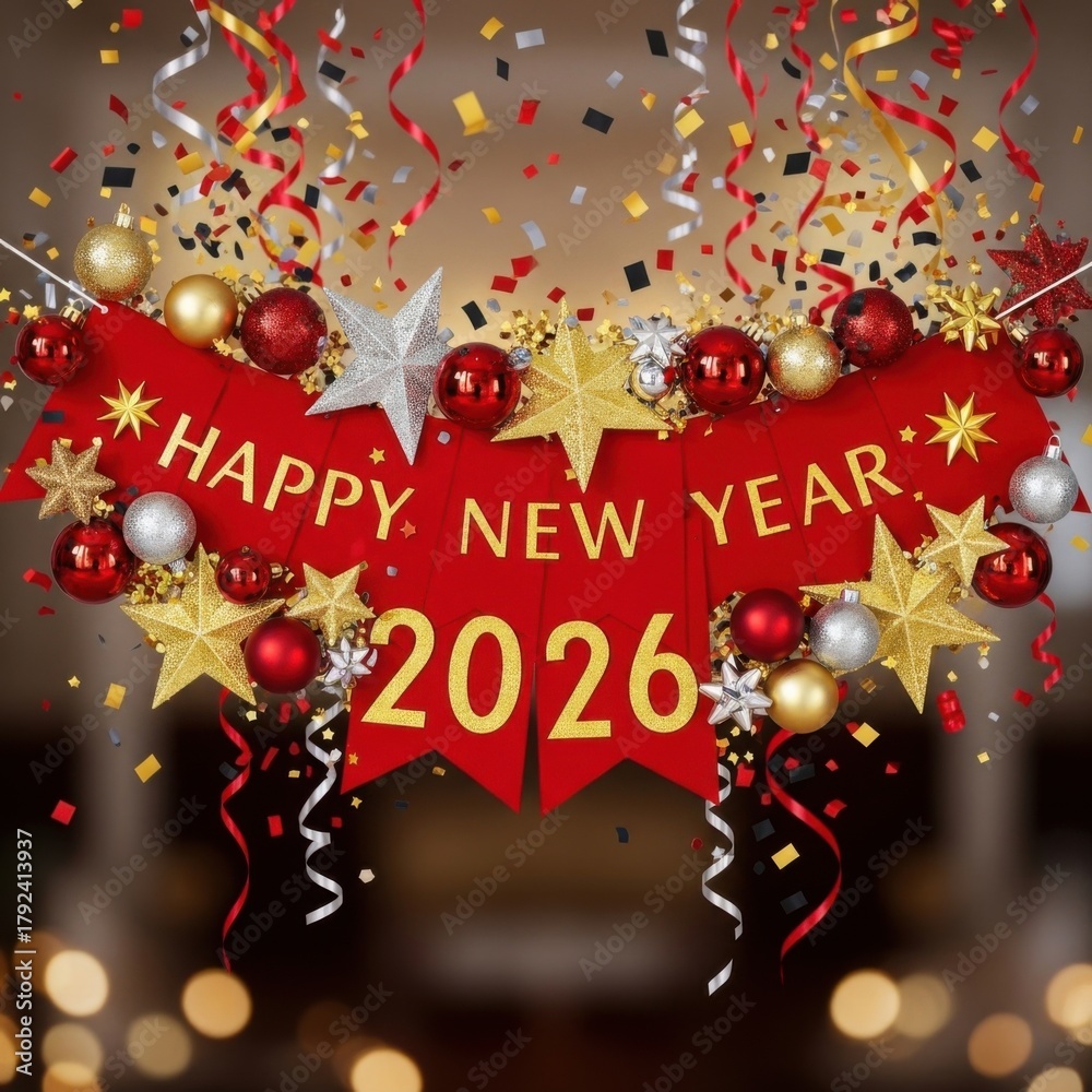 Naklejka premium Festive Celebration of New Year 2026 with Shimmering Ornaments and Confetti