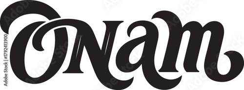Onam" in a stylish, bold, black script font on a white background