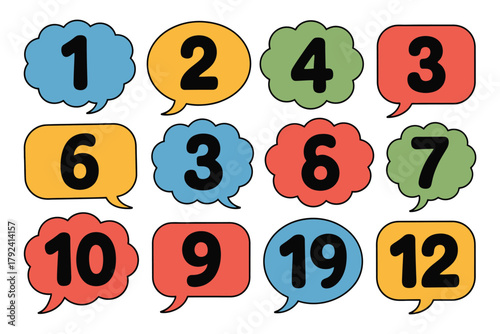A grid of twelve colorful speech bubbles, each containing a different number from one to nineteen.