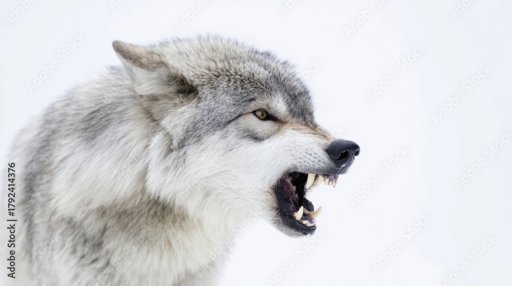 Fototapeta premium Snarling Wolf With Bared Teeth In Snowy Winter Scene 