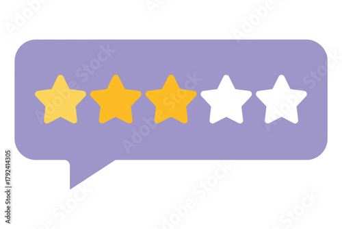 A speech bubble displays three yellow stars and two white stars, representing a three-star rating.