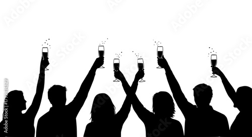 Silhouette of people celebrating New Year’s Eve with raised glasses, vector illustration, minimalist lines