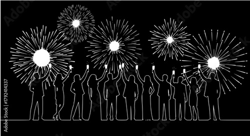 Silhouette of people celebrating New Year’s Eve with raised glasses, vector illustration, minimalist lines