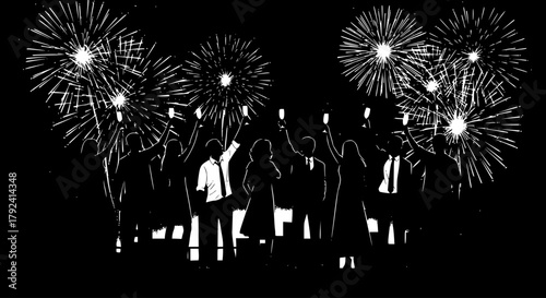 Silhouette of people celebrating New Year’s Eve with raised glasses, vector illustration, minimalist lines