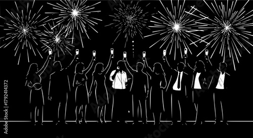 Silhouette of people celebrating New Year’s Eve with raised glasses, vector illustration, minimalist lines