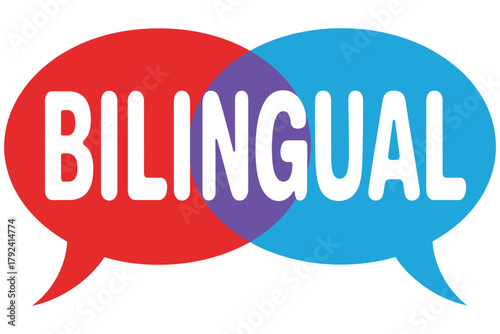 Two overlapping speech bubbles with the word BILINGUAL written across them, symbolizing communication in multiple languages.
