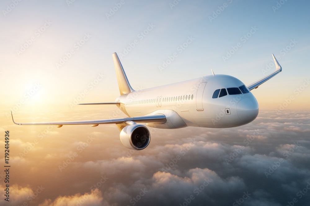 Obraz premium Commercial airplane flying above clouds at golden sunrise with soft light and clear sky background, showcasing modern air transport concept.