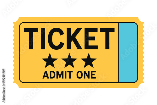 A yellow admit one ticket with three black stars is shown against a white background.