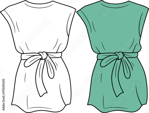 Fashion illustration of women’s tunic top with waist belt, short sleeve blouse design, vector clothing sketch, casual stylish outfit