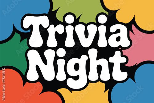 The vibrant text 'Trivia Night' is displayed prominently in white against a colorful background of abstract shapes.