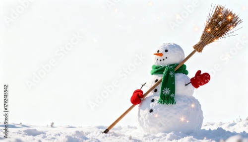 Snowman wearing green scarf and red mittens standing in snow  