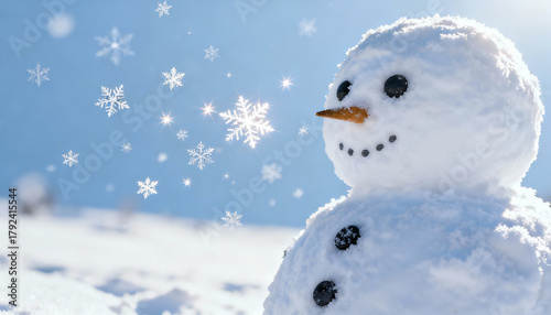 Snowman smiling in the snow with snowflakes falling in winter  