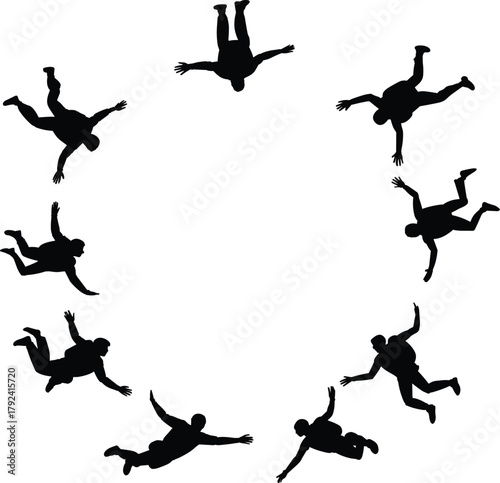 Group of skydivers in circular formation, silhouette of parachutists in freefall, teamwork and adventure concept, extreme sports skydiving illustration