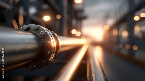 District heating pipes glowing at sunset in industrial setting