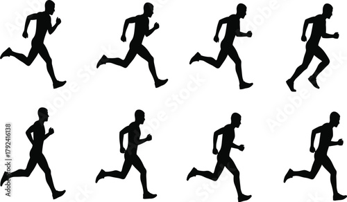 Running silhouette sequence illustration, athlete stride motion vector, human locomotion design, sports biomechanics study, physical education training template, dynamic exercise graphic