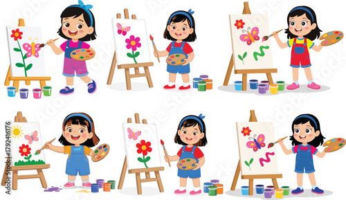 Cute cartoon girl painting colorful picture on easel with brush and palette, creative child artist drawing sun butterfly flower artwork