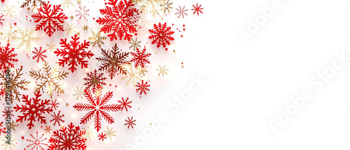 Colorful snowflakes in red and gold on white background for Christmas  