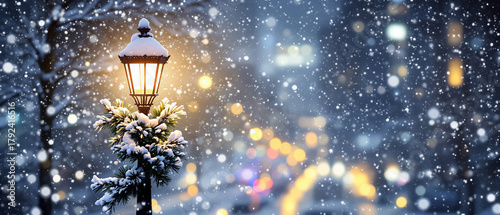 Snowy city street with illuminated lamp post at night, Christmas concept  