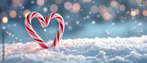 Candy cane in the shape of a heart on snow with winter bokeh background  