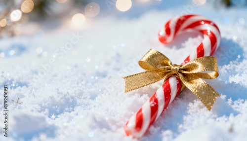 Candy cane tied with a golden ribbon on snow during winter holiday  
