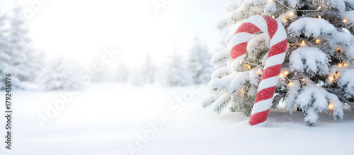 Giant candy cane leaning against a snow-covered Christmas tree  