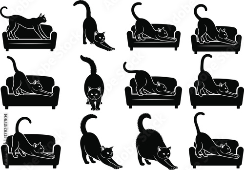 Flat vector, stretching cats on couch, silhouette illustration, feline pose design, cozy home scene, pet relaxation, artistic animal concept