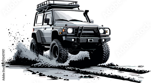 Off-road 4x4 jeep splashing through mud with rugged tires and roof rack adventure vehicle vector art