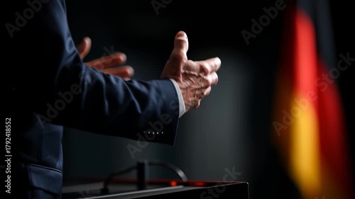 German politician giving a speech and the German Flag in the background.