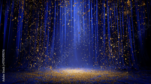 Dramatic blue velvet curtains with falling gold confetti stage background dramatic lighting