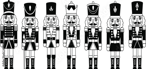 Traditional nutcracker figures collection, holiday decoration soldiers, festive Christmas toy display, colorful wooden figurines, cultural folklore characters, ornamental seasonal celebration design