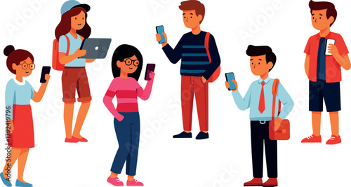 Young people using smartphones and devices, diverse students standing and interacting in modern flat vector