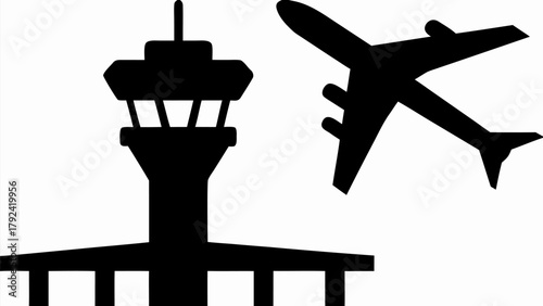 Stylish airport control tower with plane taking off conveys travel and adventure vector design icon