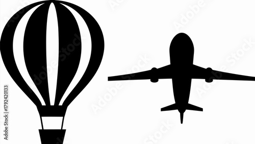 Dynamic air travel concept featuring hot air balloon and airplane silhouette, a journey to new heights