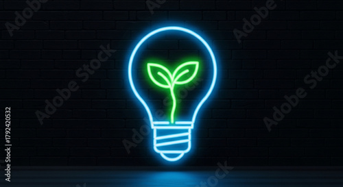 A glowing neon light bulb with a green plant growing inside, symbolizing ecofriendly energy and sustainable innovation for the future