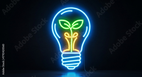 A vibrant neon light bulb with a plant inside, representing ecofriendly energy, innovation, and a sustainable future with bright colors