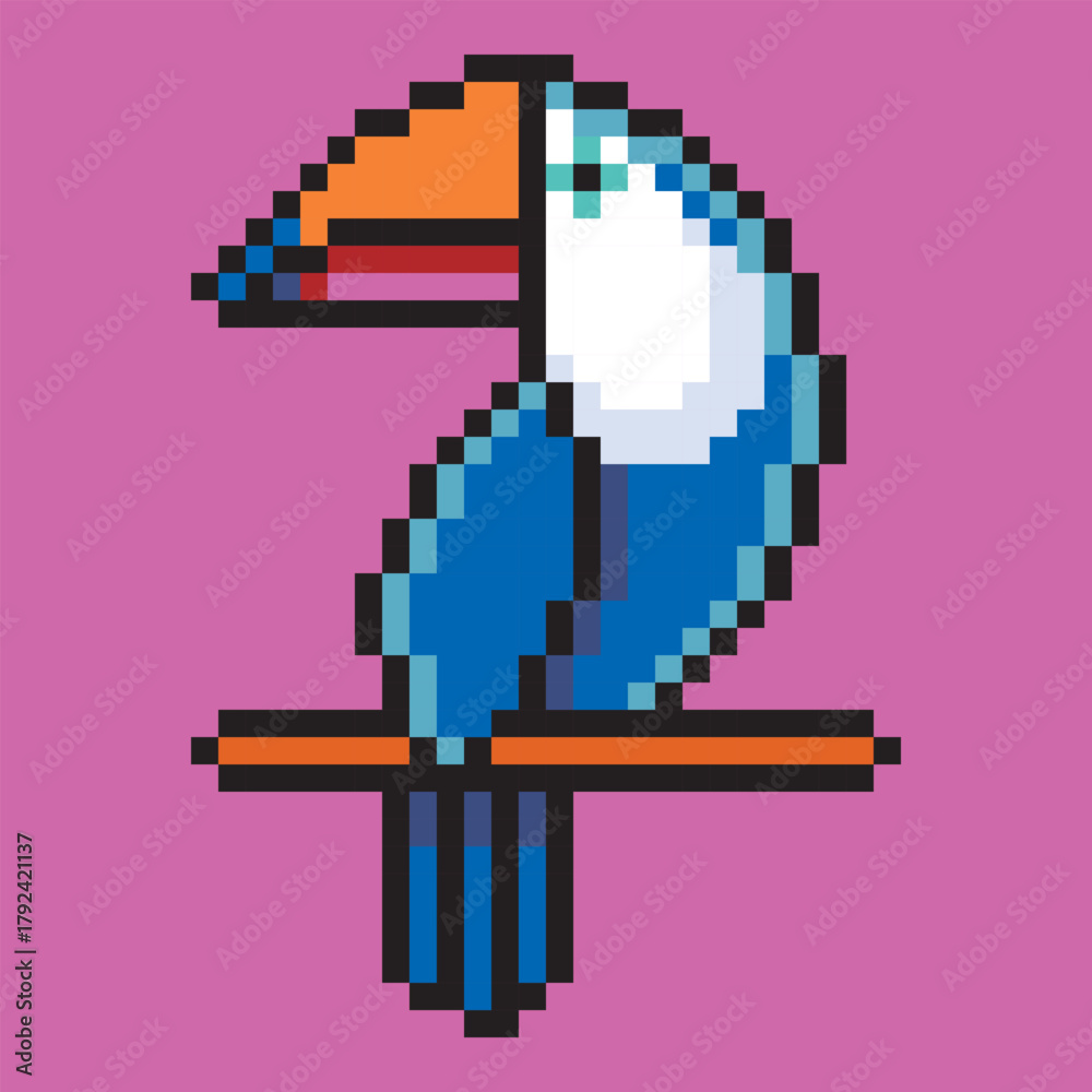 Naklejka premium A retro pixel art of toucan perched on a branch. Capturing the exotic bird with its signature large, colorful beak. A perfect symbol for tropical, jungle, and wildlife themes