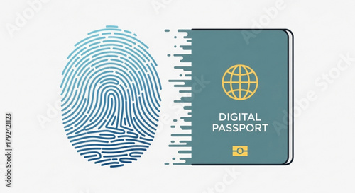 Digital passport concept with fingerprint and document, representing secure identification and modern travel technology