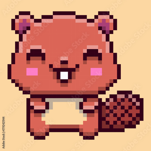 A kawaii retro pixel art beaver character. This cute 8-bit rodent features big, sparkling eyes, buck teeth, and a textured tail, making it a perfect mascot or character sprite