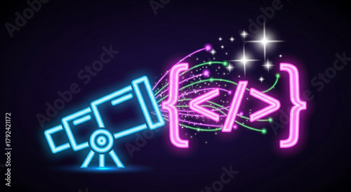 A neon telescope points towards glowing code brackets, symbolizing the exploration and discovery within the realm of software development