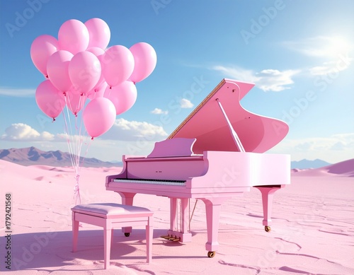 pink piano on the dessert, surreal design idea