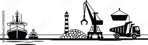 Industrial port scene with cargo ship, crane, lighthouse, and truck loading containers, maritime transport, harbor logistics, and shipping industry illustration