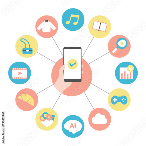 スマートフォンとアプリケーションのアイコンイラスト　ネットワーク　繋がりのイメージ