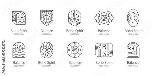 Minimalist Boho Spirit Element Set. Mystic Line Art Logos and Abstract Symbols