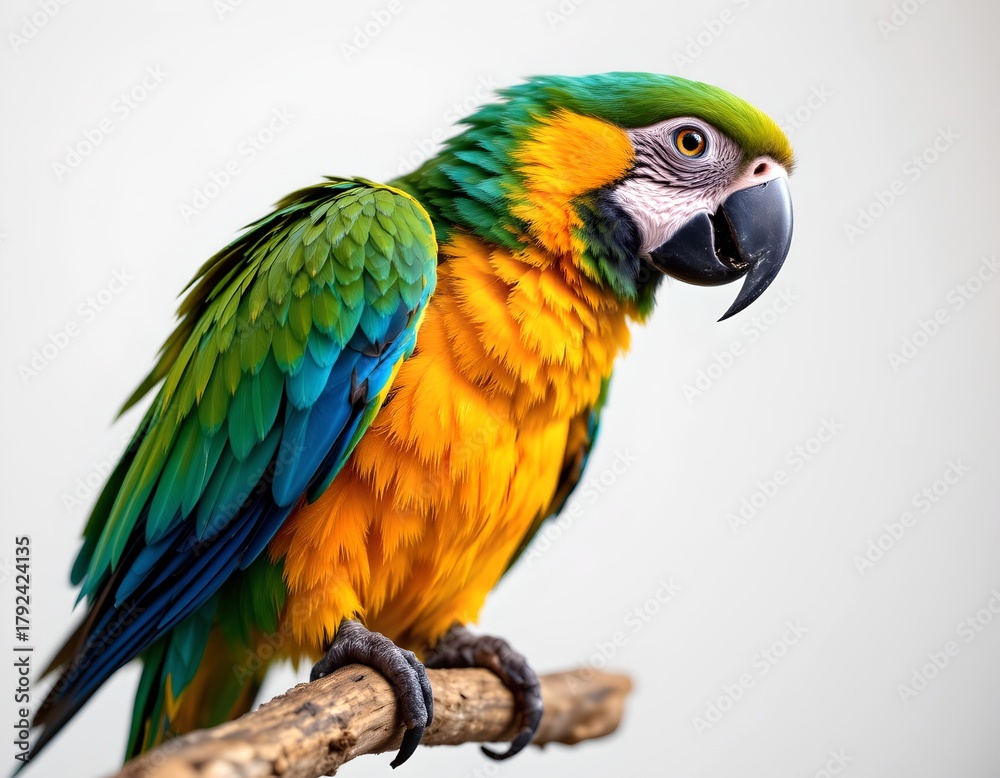 Fototapeta premium A colorful parrot perched on a branch, showcasing its vibrant feathers. The parrot has bright blue, green, and yellow feathers, complemented by its black beak.