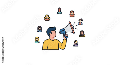 Powerful marketing leader speaking through megaphone to diverse group of listeners