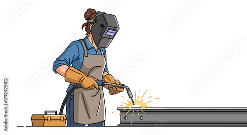 Skilled female welder professionally crafting metal, sparks flying in industrial setting