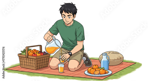 Relaxing picnic scene with young man pouring juice, enjoying outdoor lifestyle moment