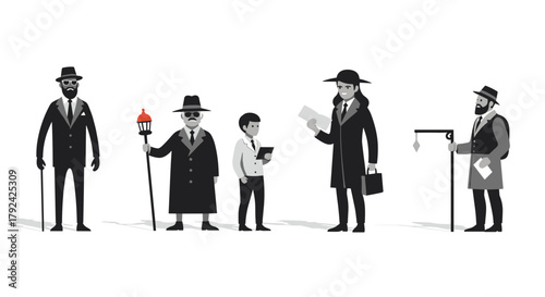 Diverse group of stylish men in traditional attire showcase community strength, vector art